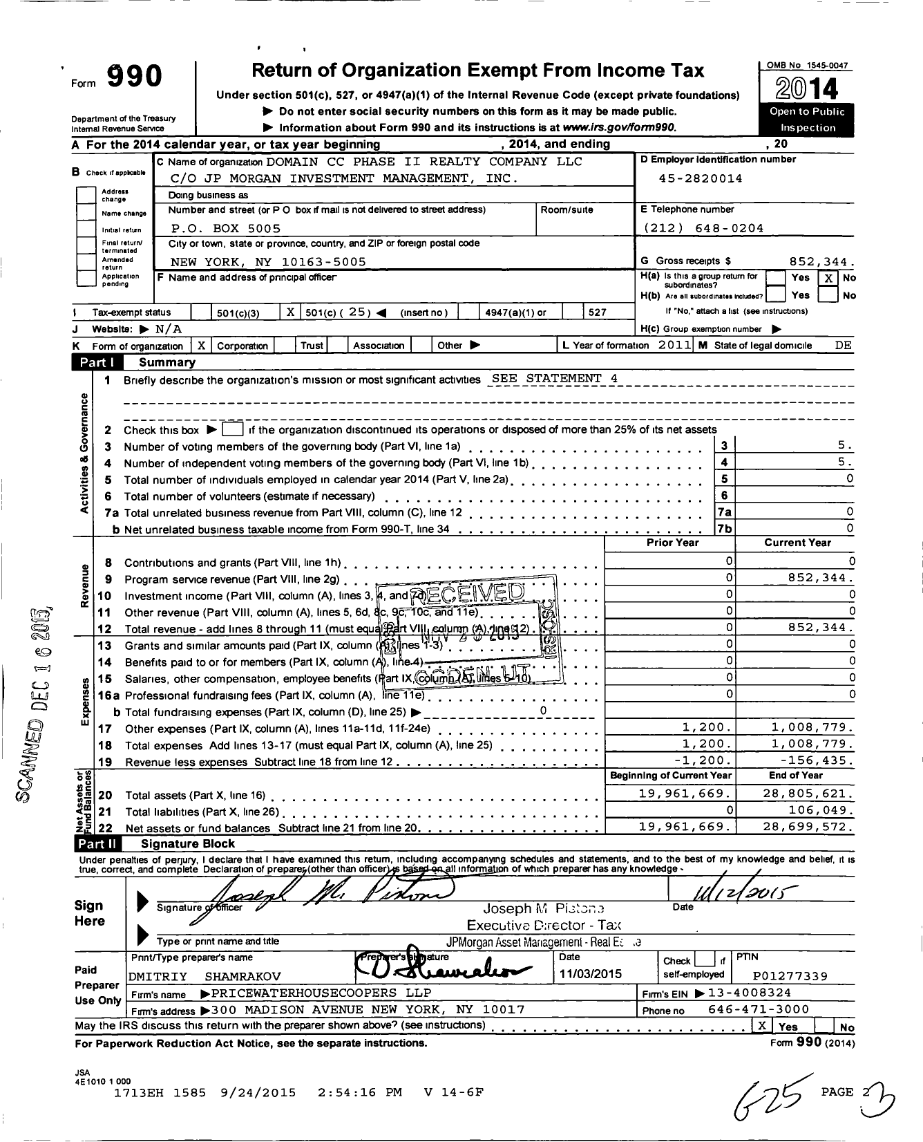 Image of first page of 2014 Form 990O for Domain CC Phase II Realty Company LLC