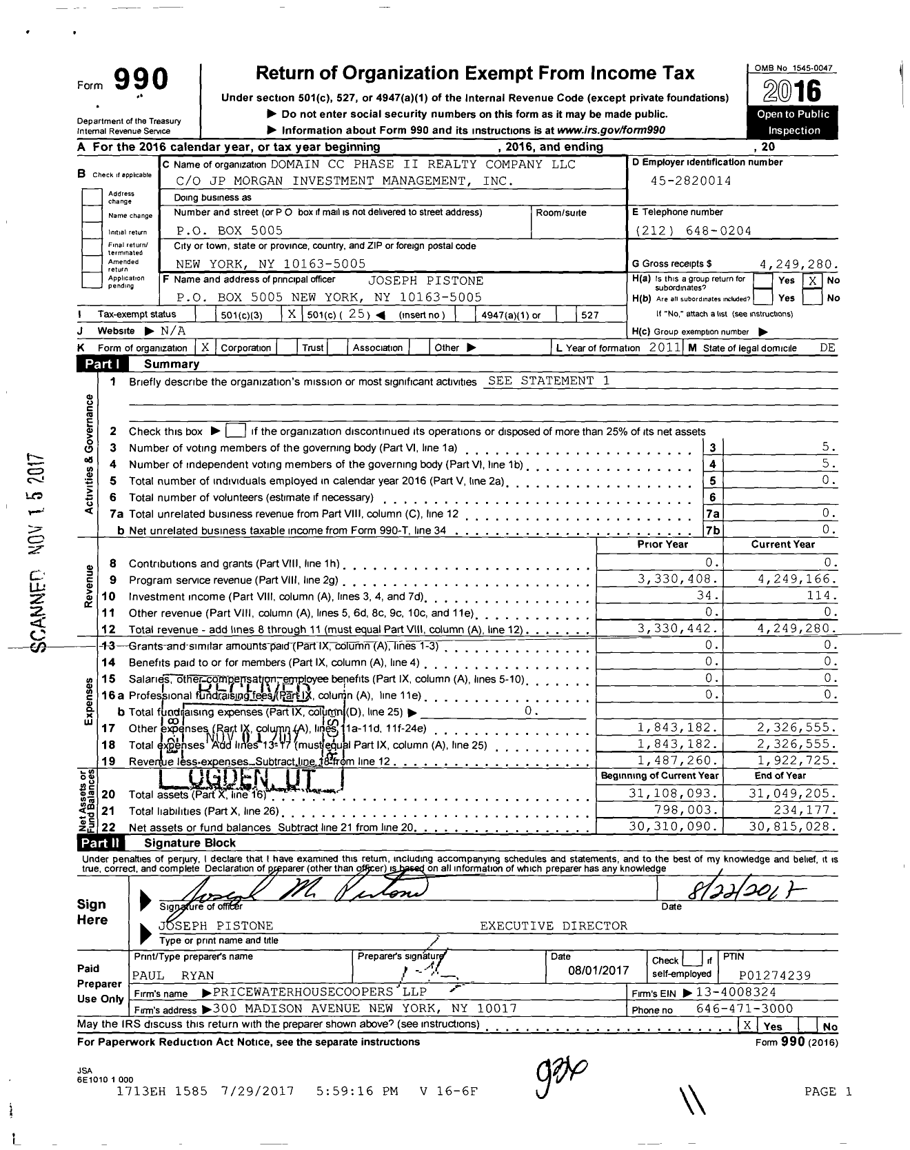 Image of first page of 2016 Form 990O for Domain CC Phase II Realty Company LLC