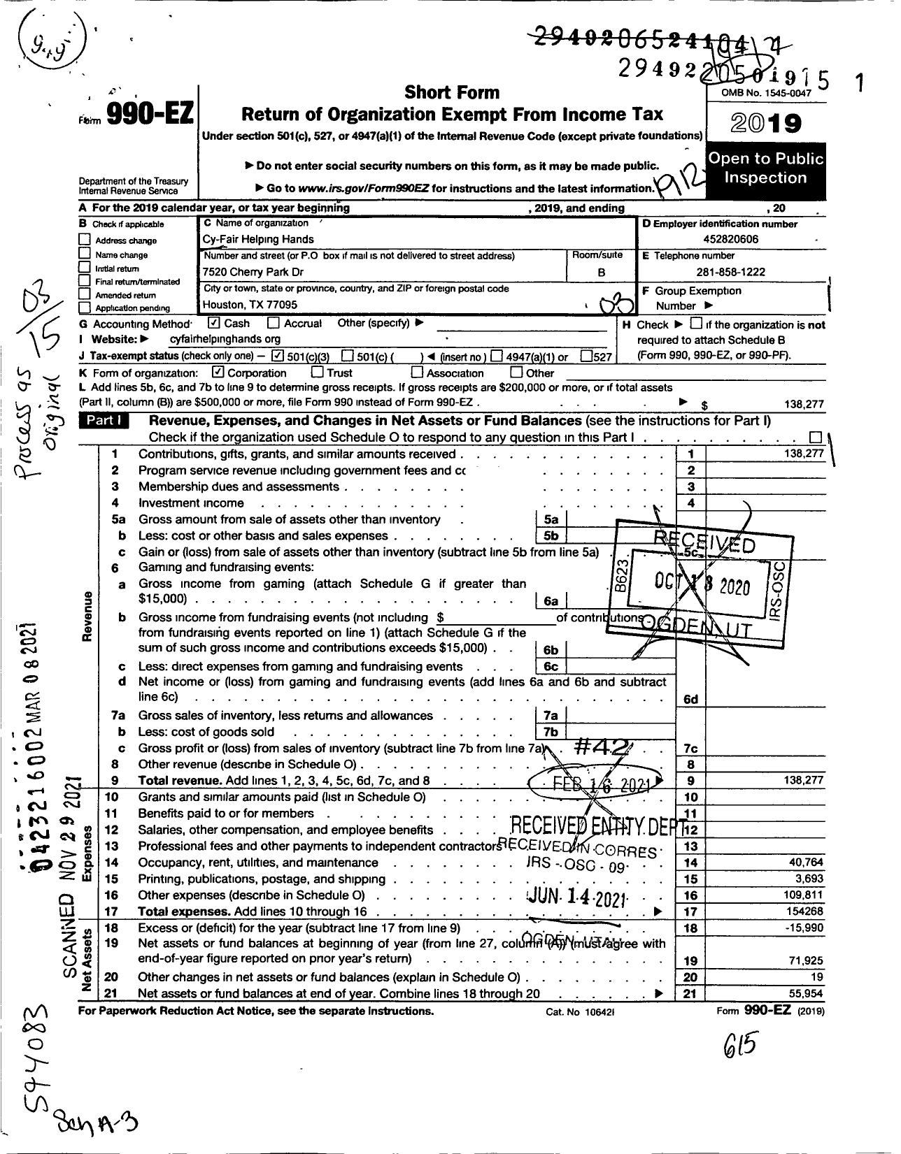 Image of first page of 2019 Form 990EZ for Cy-Fair Helping Hands