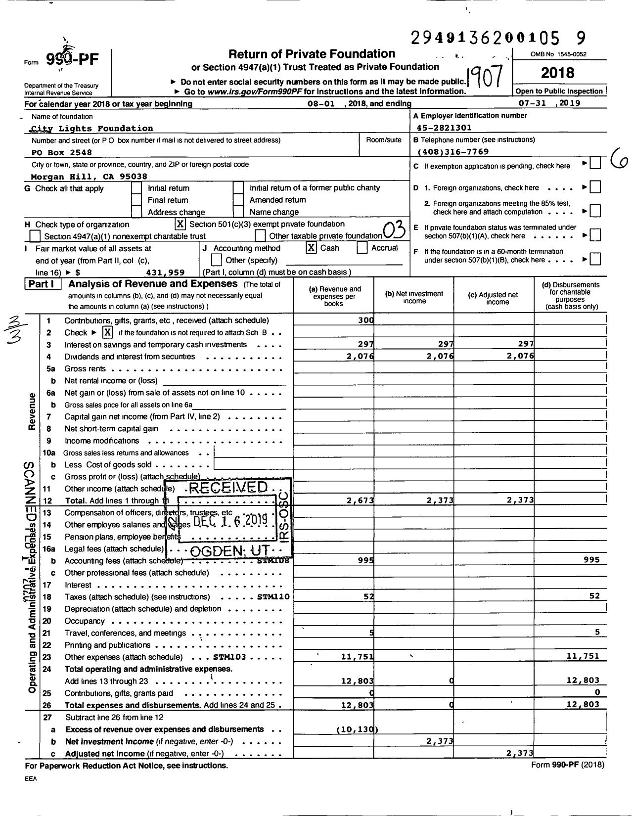 Image of first page of 2018 Form 990PF for City Lights Foundation