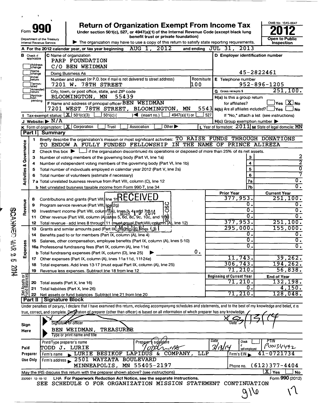 Image of first page of 2012 Form 990 for Parp Foundation