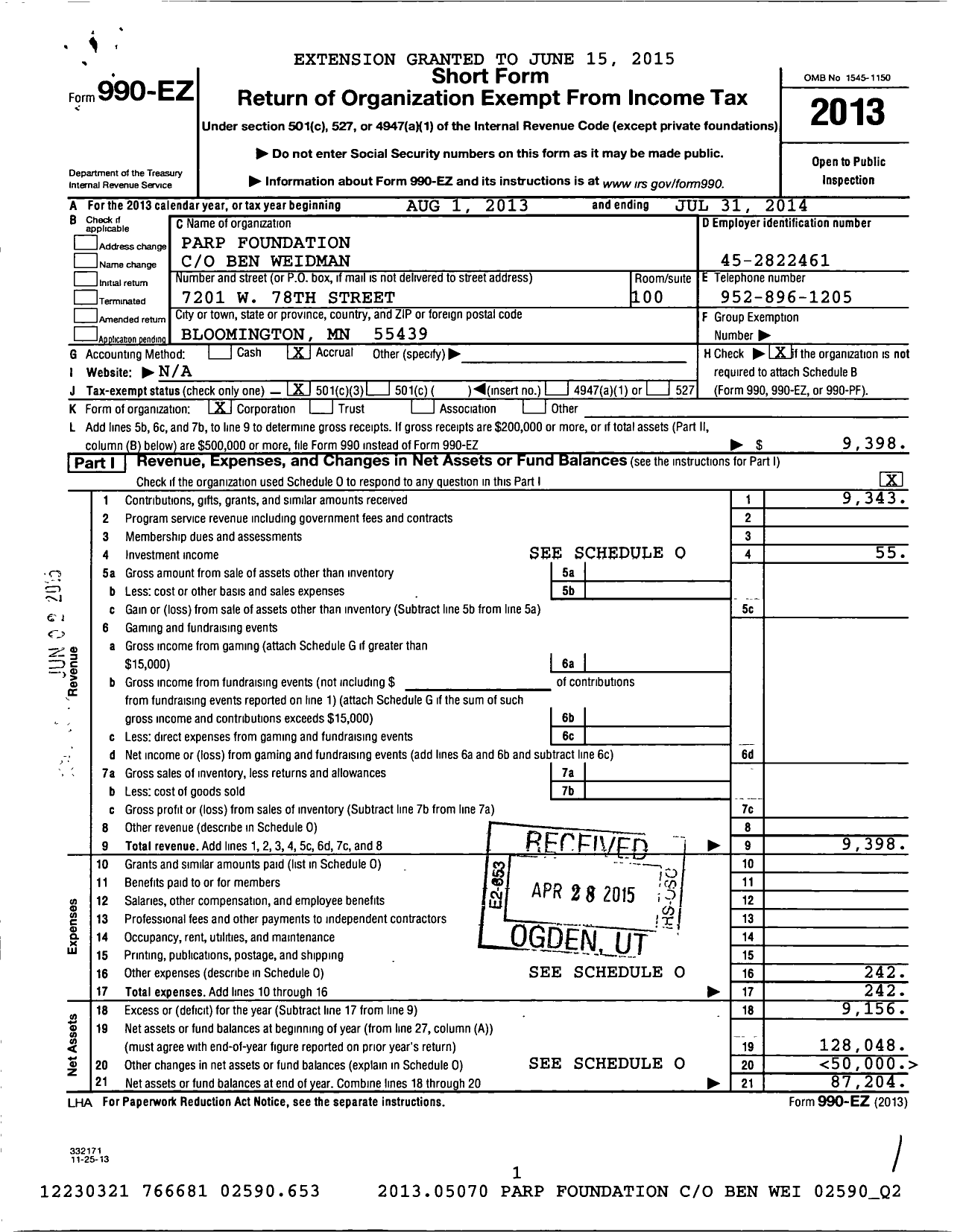 Image of first page of 2013 Form 990EZ for Parp Foundation