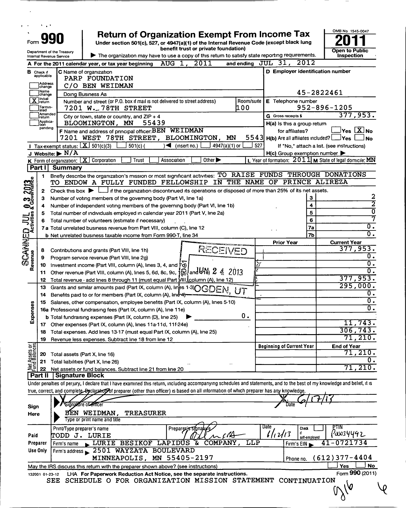 Image of first page of 2011 Form 990 for Parp Foundation