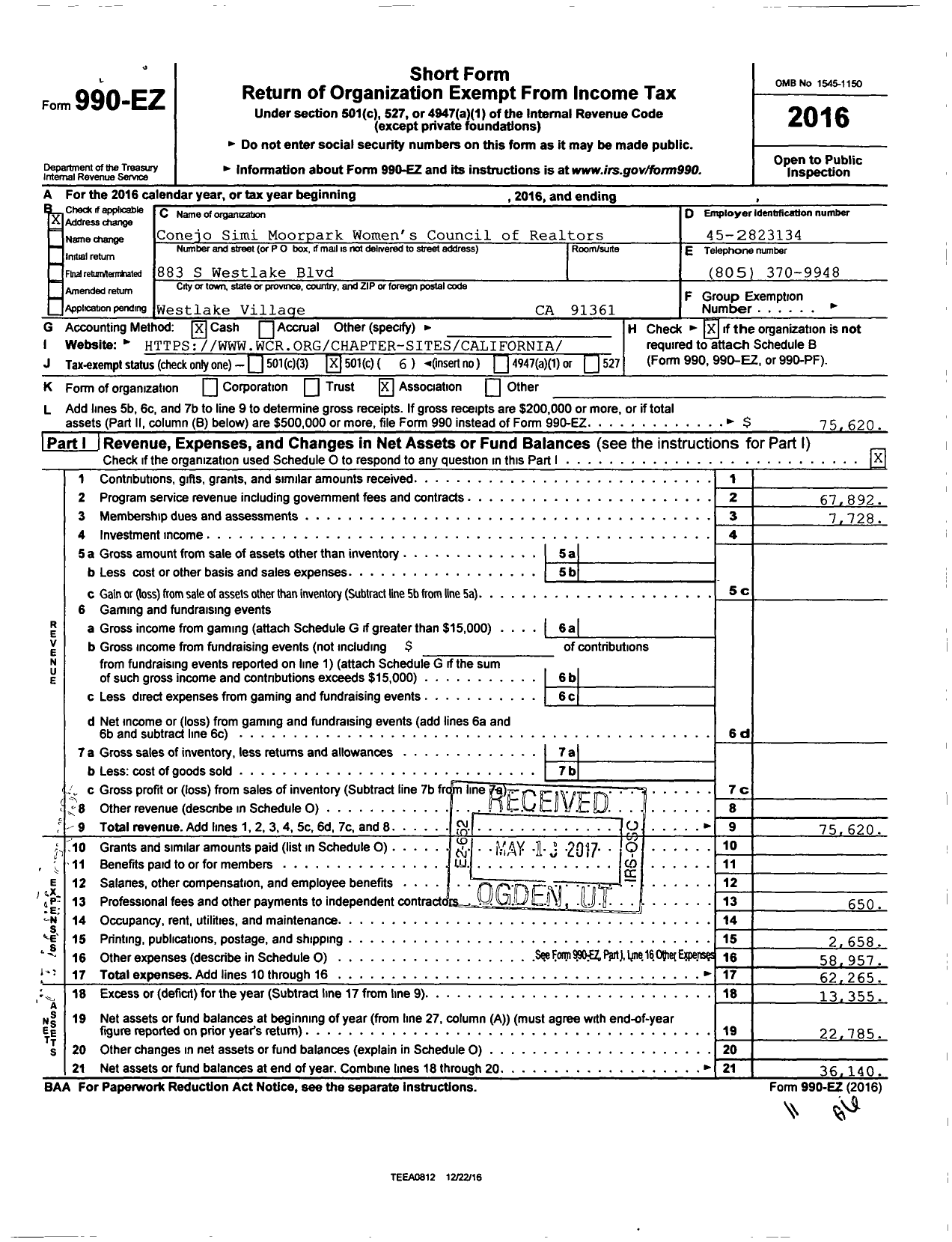 Image of first page of 2016 Form 990EO for California State Chaper Womens Council of Realtors / Ventura County Womens Council of