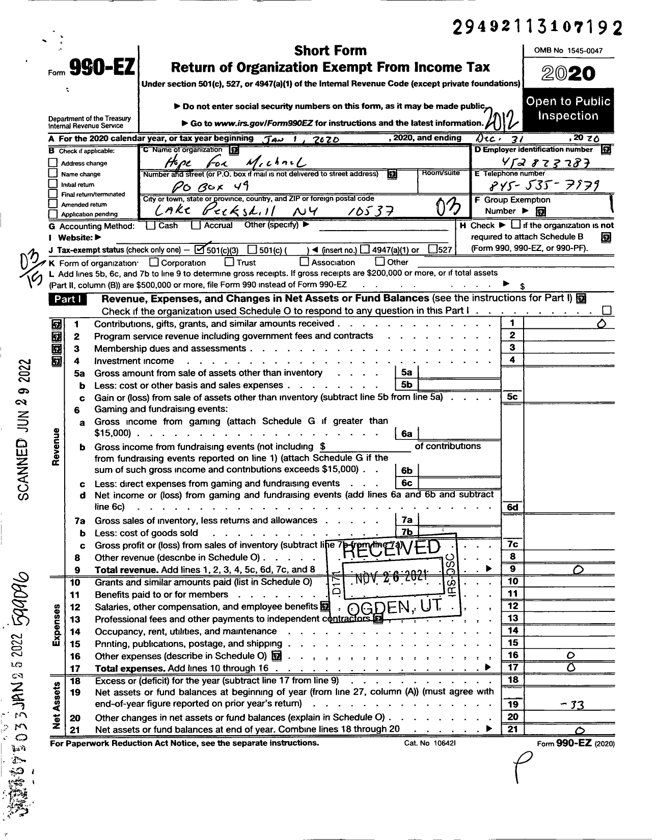 Image of first page of 2020 Form 990EZ for Hope for Michael