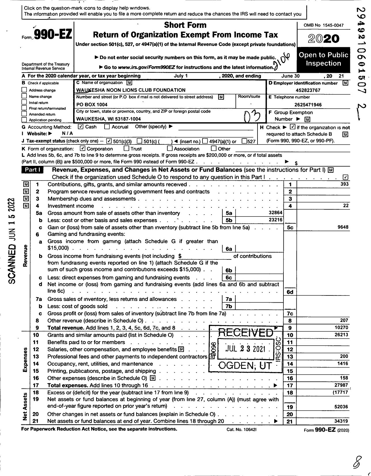 Image of first page of 2020 Form 990EZ for Waukesha Noon Lions Club Foundation