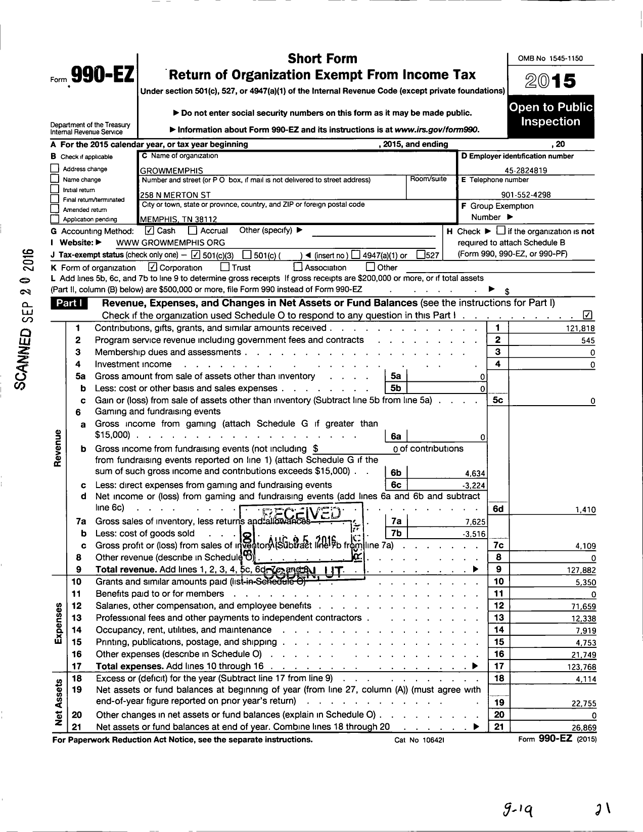 Image of first page of 2015 Form 990EZ for Growmemphis