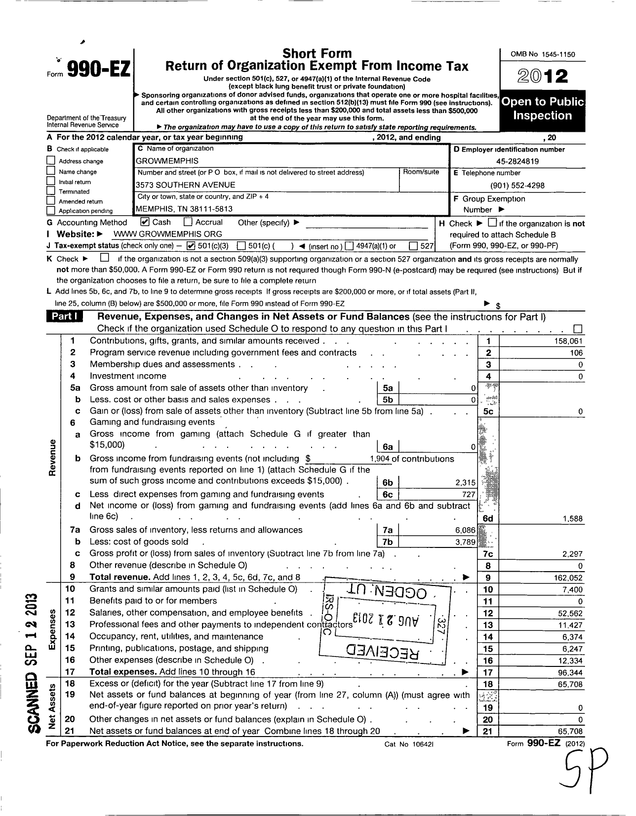 Image of first page of 2012 Form 990EZ for Growmemphis