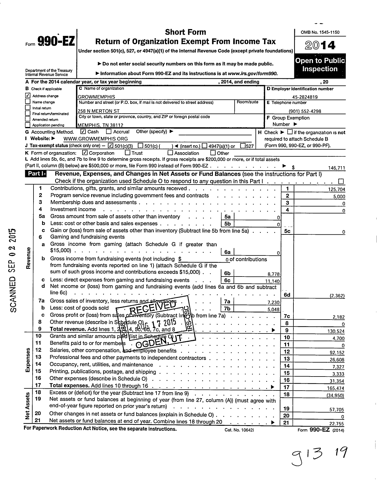 Image of first page of 2014 Form 990EZ for Growmemphis