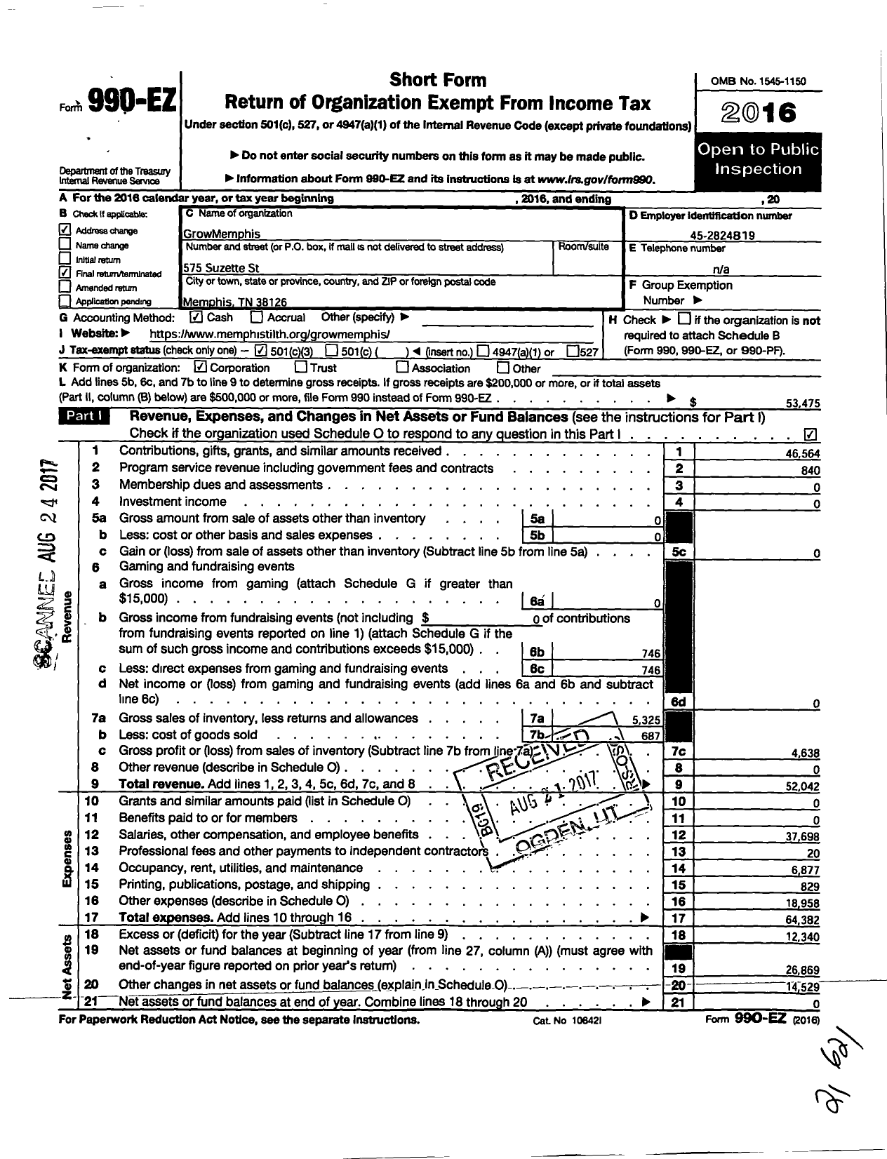 Image of first page of 2016 Form 990EZ for Growmemphis