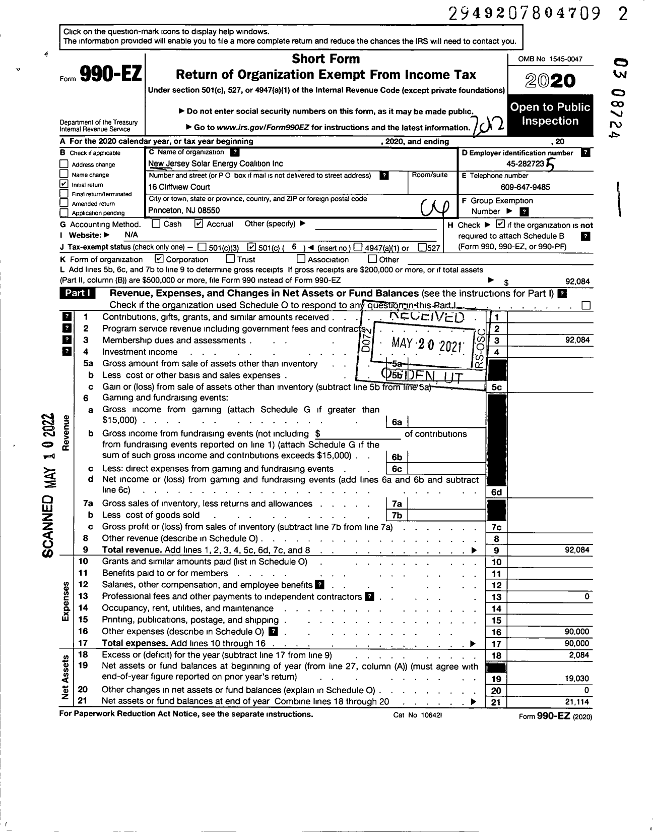 Image of first page of 2020 Form 990EO for New Jersey Solar Energy Coalition