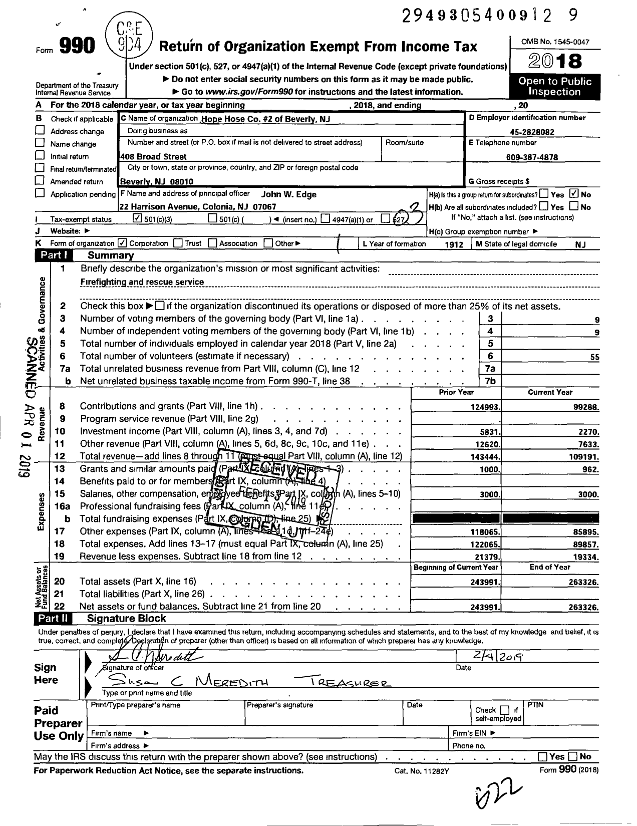 Image of first page of 2018 Form 990 for Hope Hose Company No 2