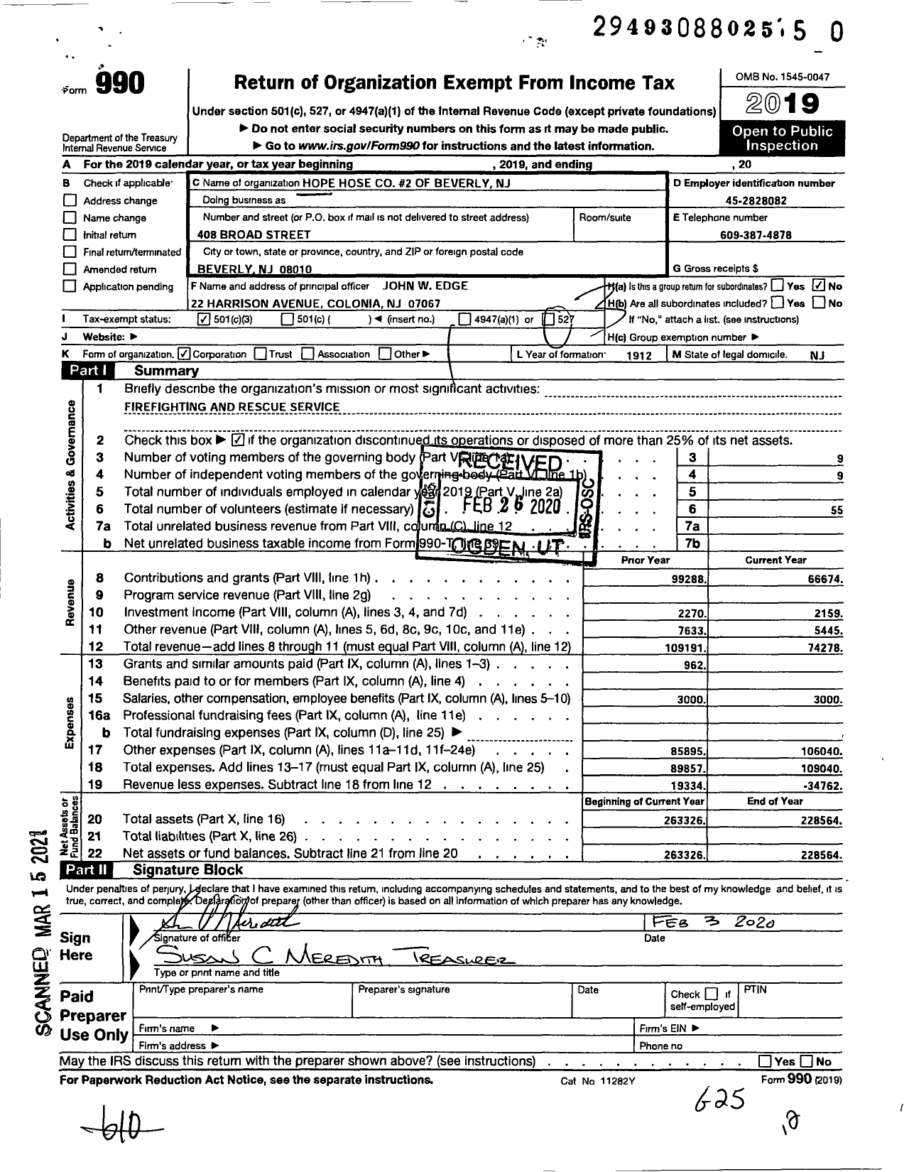 Image of first page of 2019 Form 990 for Hope Hose Company No 2