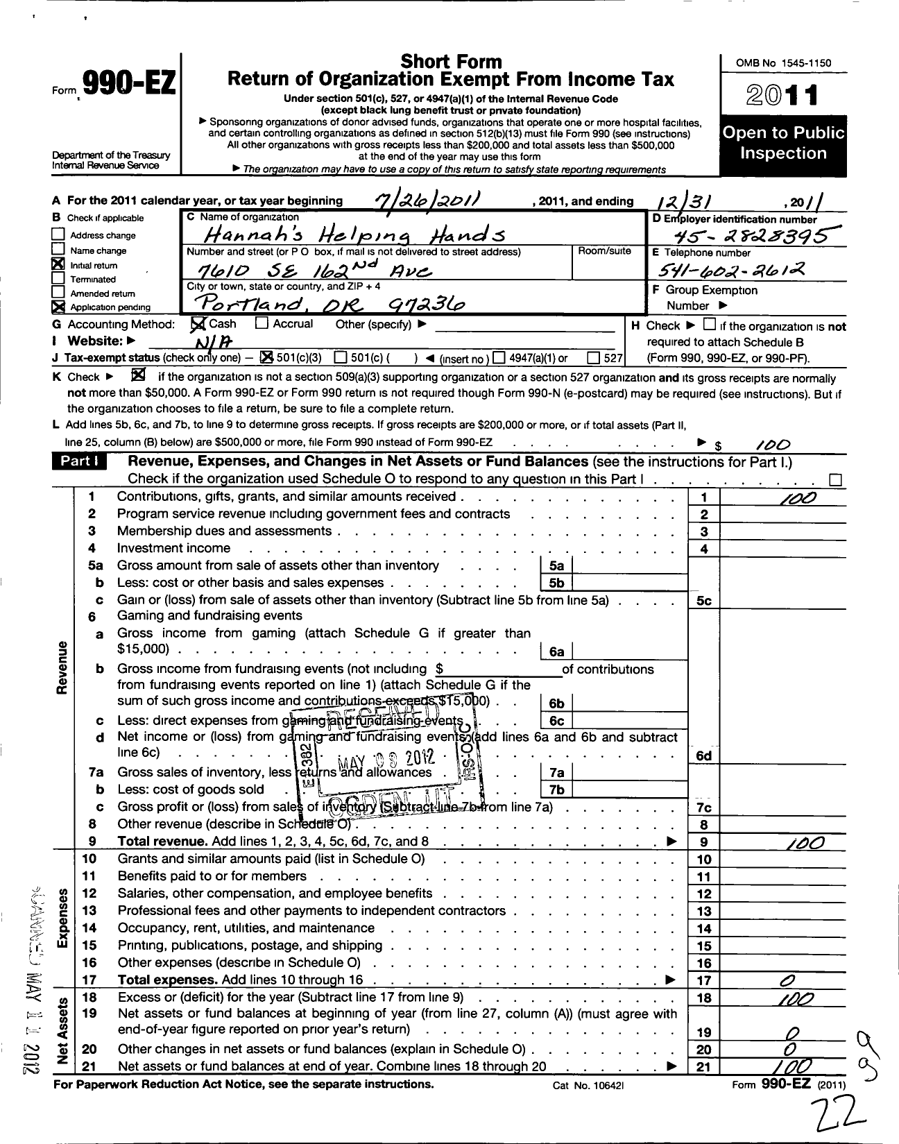 Image of first page of 2011 Form 990EZ for Hannah's Helping Hands