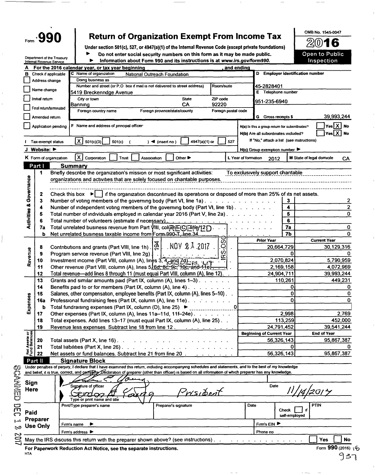 Image of first page of 2016 Form 990 for National Outreach Foundation Incorporated