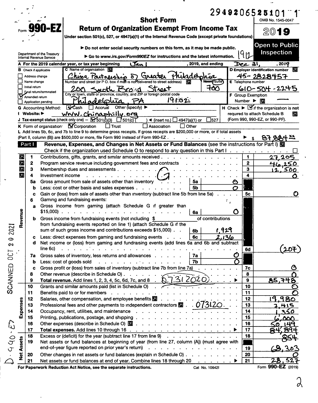 Image of first page of 2019 Form 990EZ for China Partnership of Greater Philadelphia