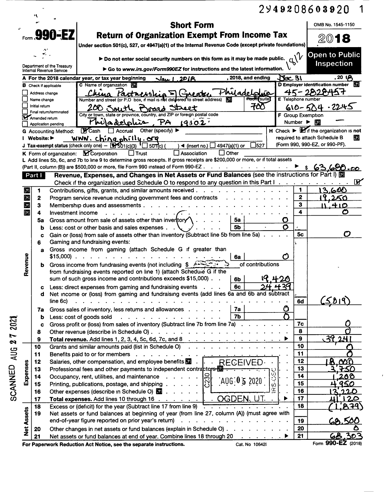 Image of first page of 2018 Form 990EZ for China Partnership of Greater Philadelphia