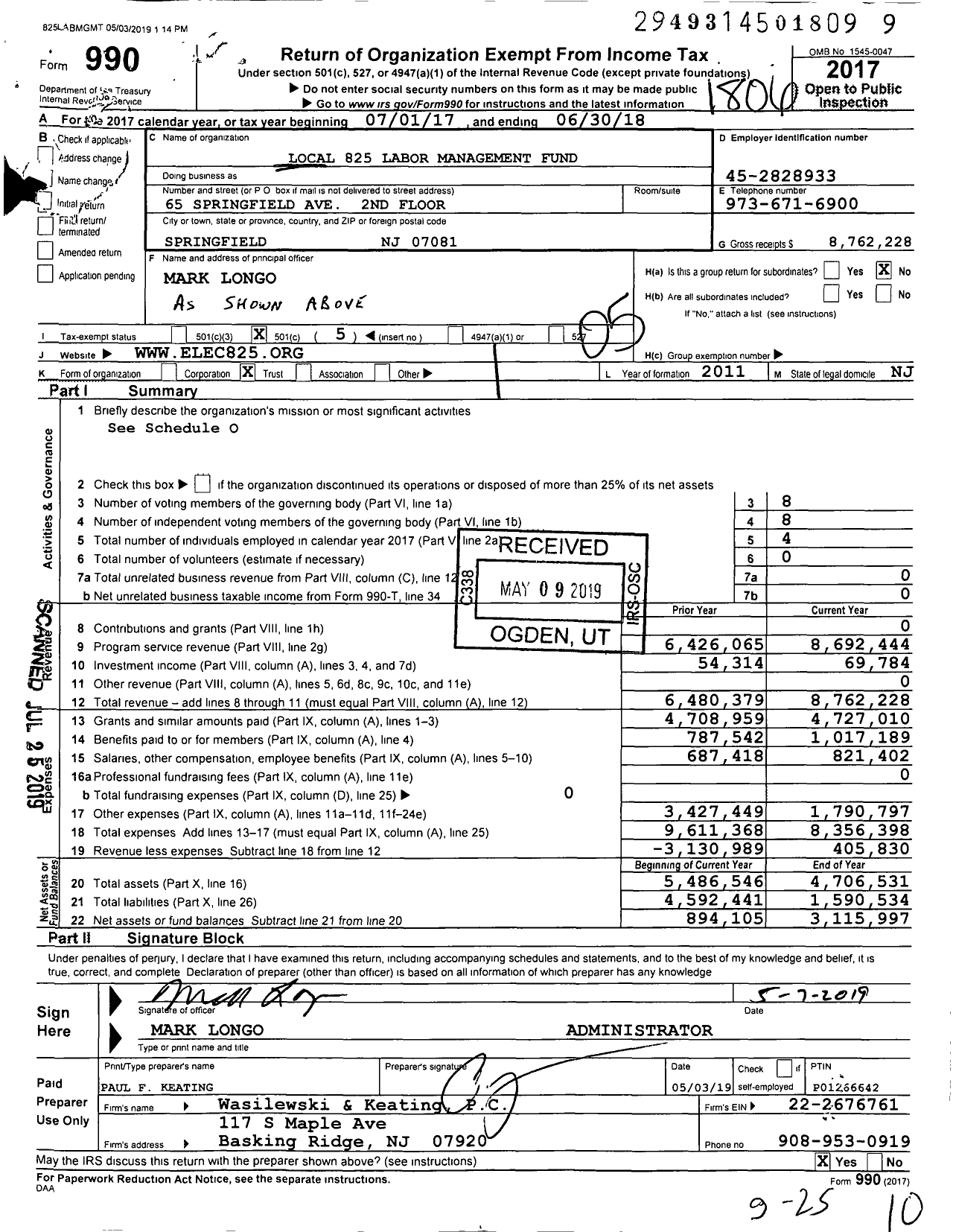 Image of first page of 2017 Form 990O for Local 825 Labor Management Fund (ELEC 825)
