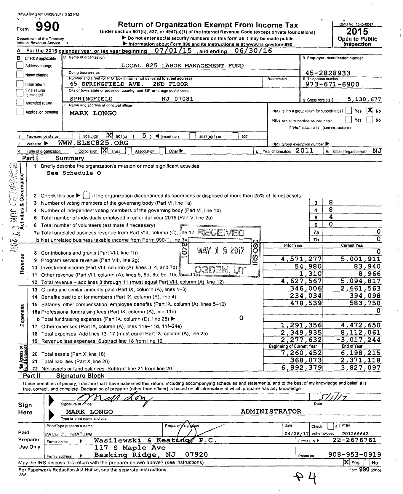 Image of first page of 2015 Form 990O for Local 825 Labor Management Fund (ELEC 825)
