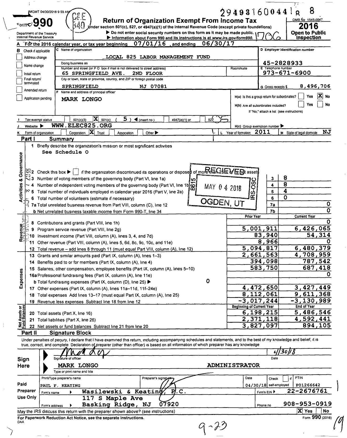 Image of first page of 2016 Form 990O for Local 825 Labor Management Fund (ELEC 825)