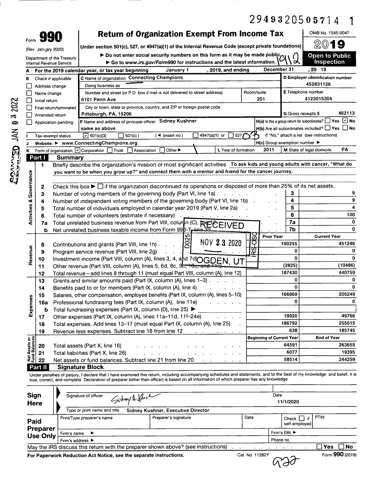 Image of first page of 2019 Form 990 for Connecting Champions