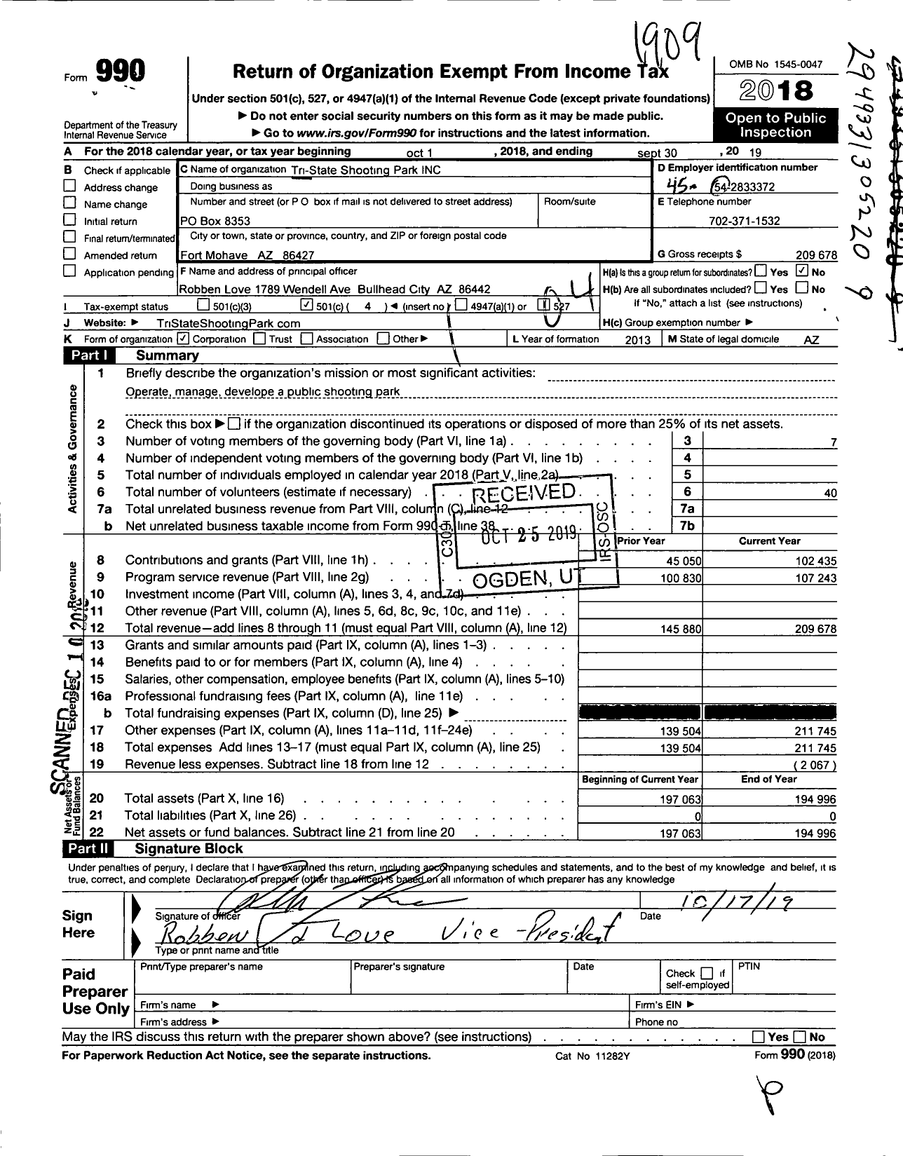 Image of first page of 2018 Form 990O for Tri-State Shooting Park