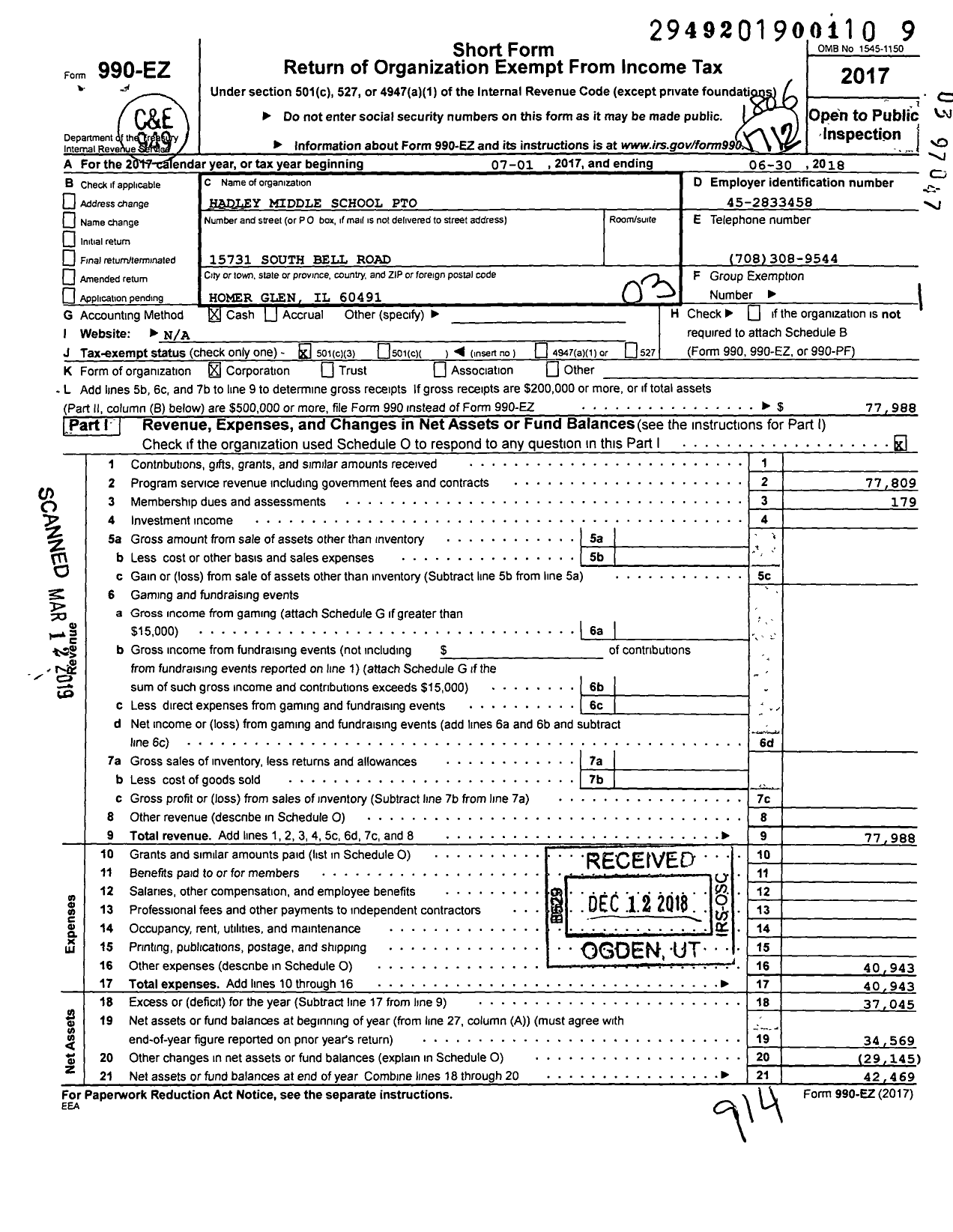 Image of first page of 2017 Form 990EZ for Hadley Middle School Pto