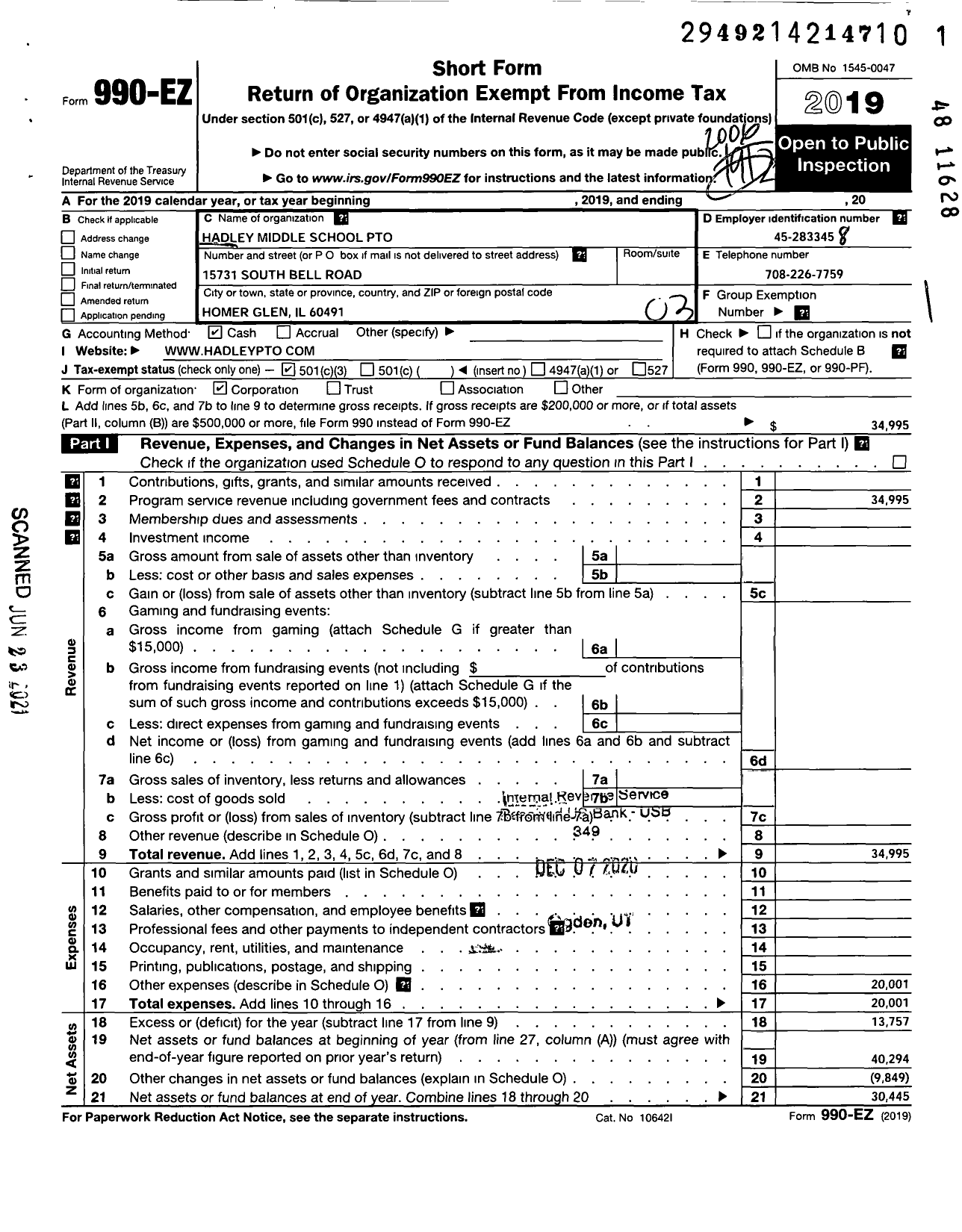 Image of first page of 2019 Form 990EZ for Hadley Middle School Pto