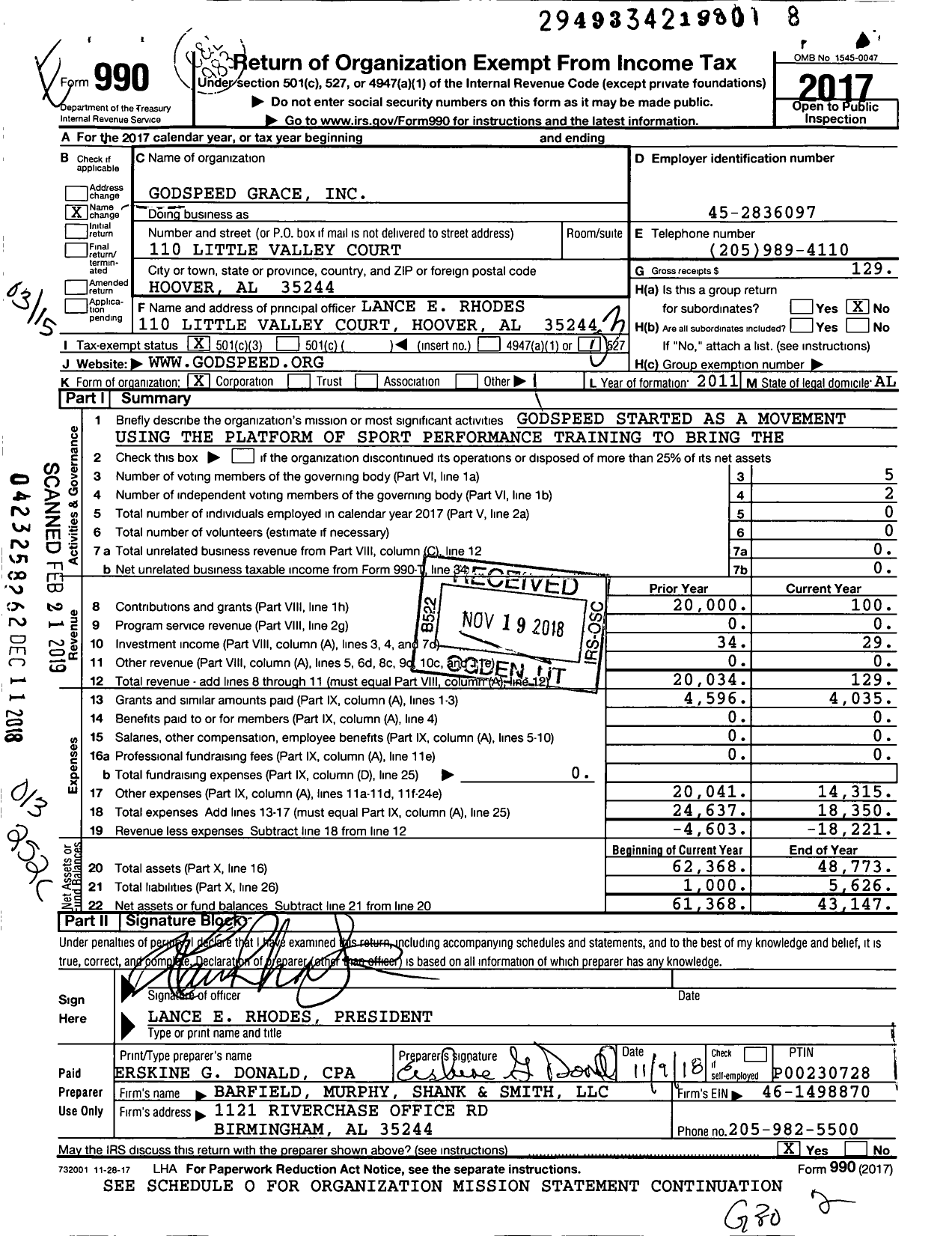 Image of first page of 2017 Form 990 for Godspeed Grace