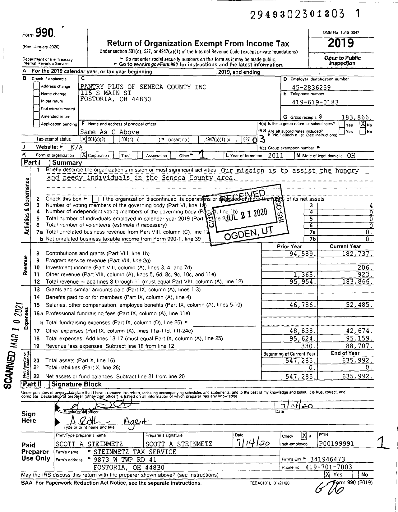 Image of first page of 2019 Form 990 for Pantry Plus of Seneca County