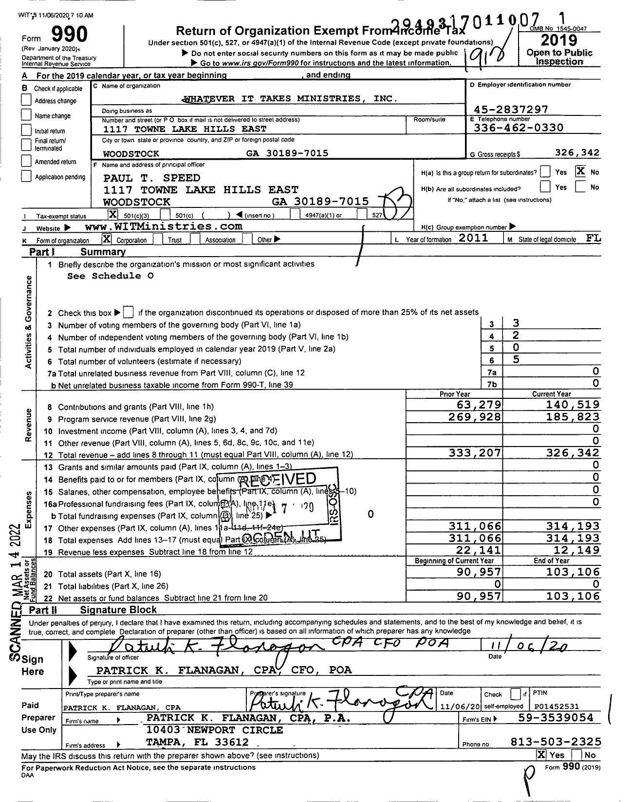 Image of first page of 2019 Form 990 for Whatever It Takes Ministries