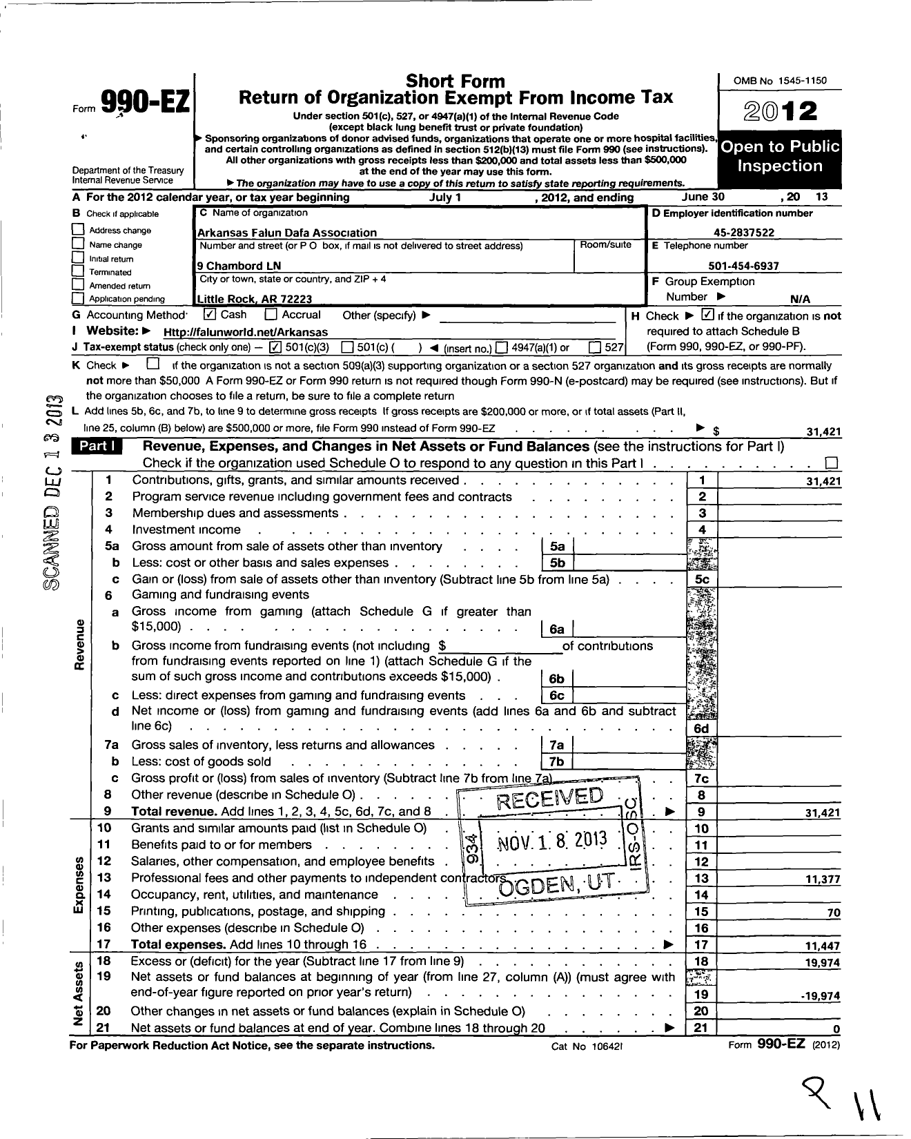 Image of first page of 2012 Form 990EZ for Arkansas Falun Dafa Association