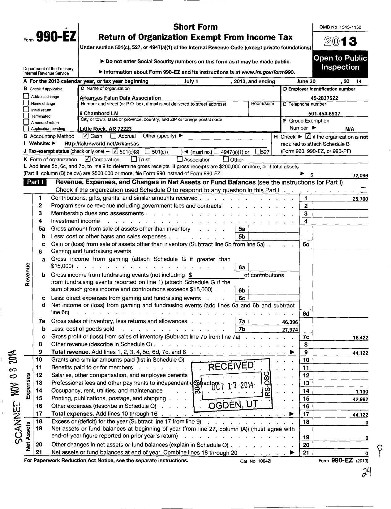 Image of first page of 2013 Form 990EZ for Arkansas Falun Dafa Association