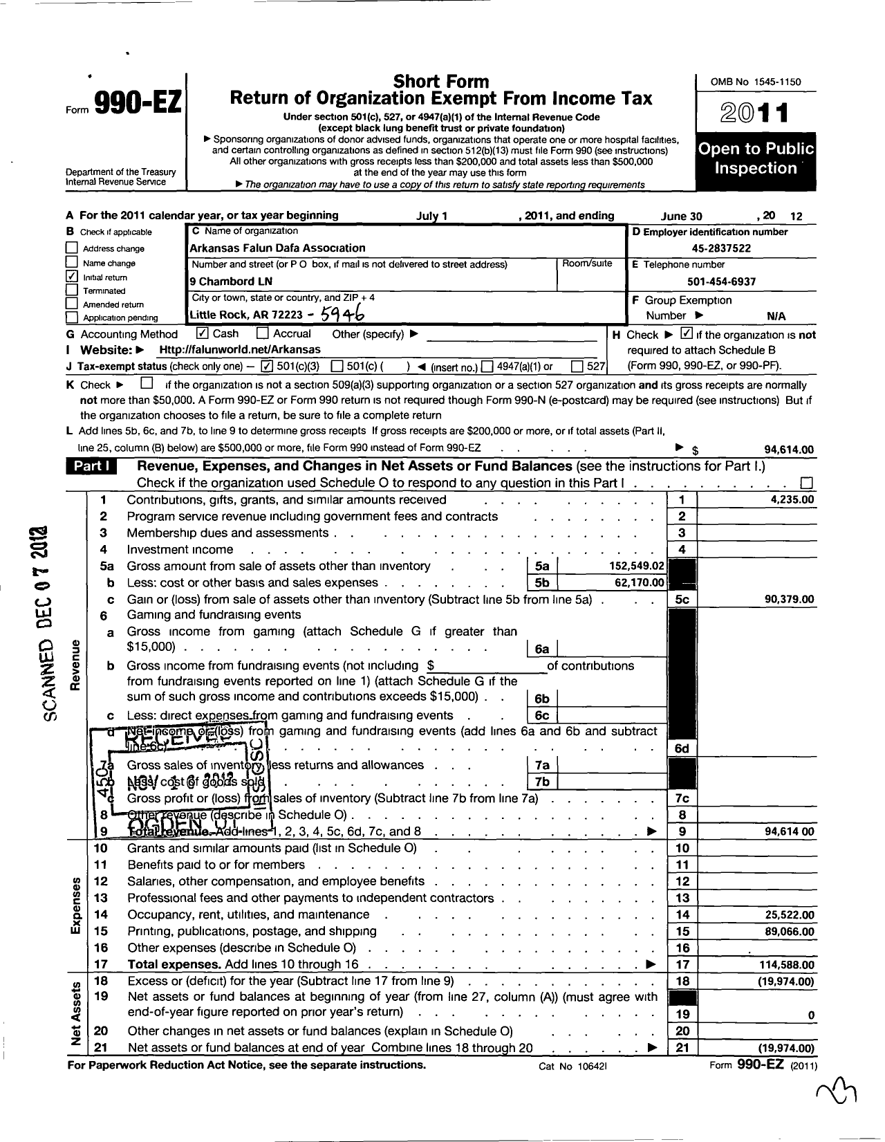 Image of first page of 2011 Form 990EZ for Arkansas Falun Dafa Association