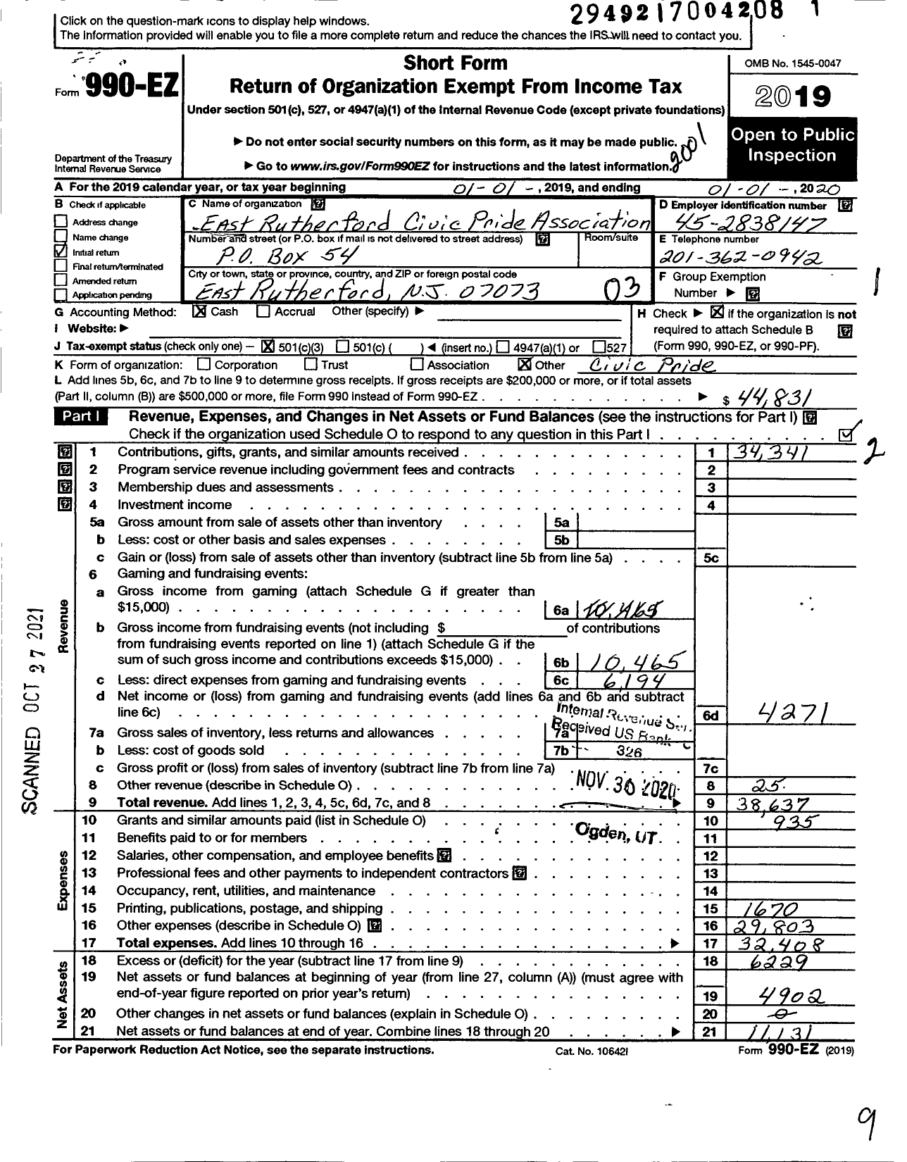 Image of first page of 2019 Form 990EZ for East Rutherford Civic Pride Association