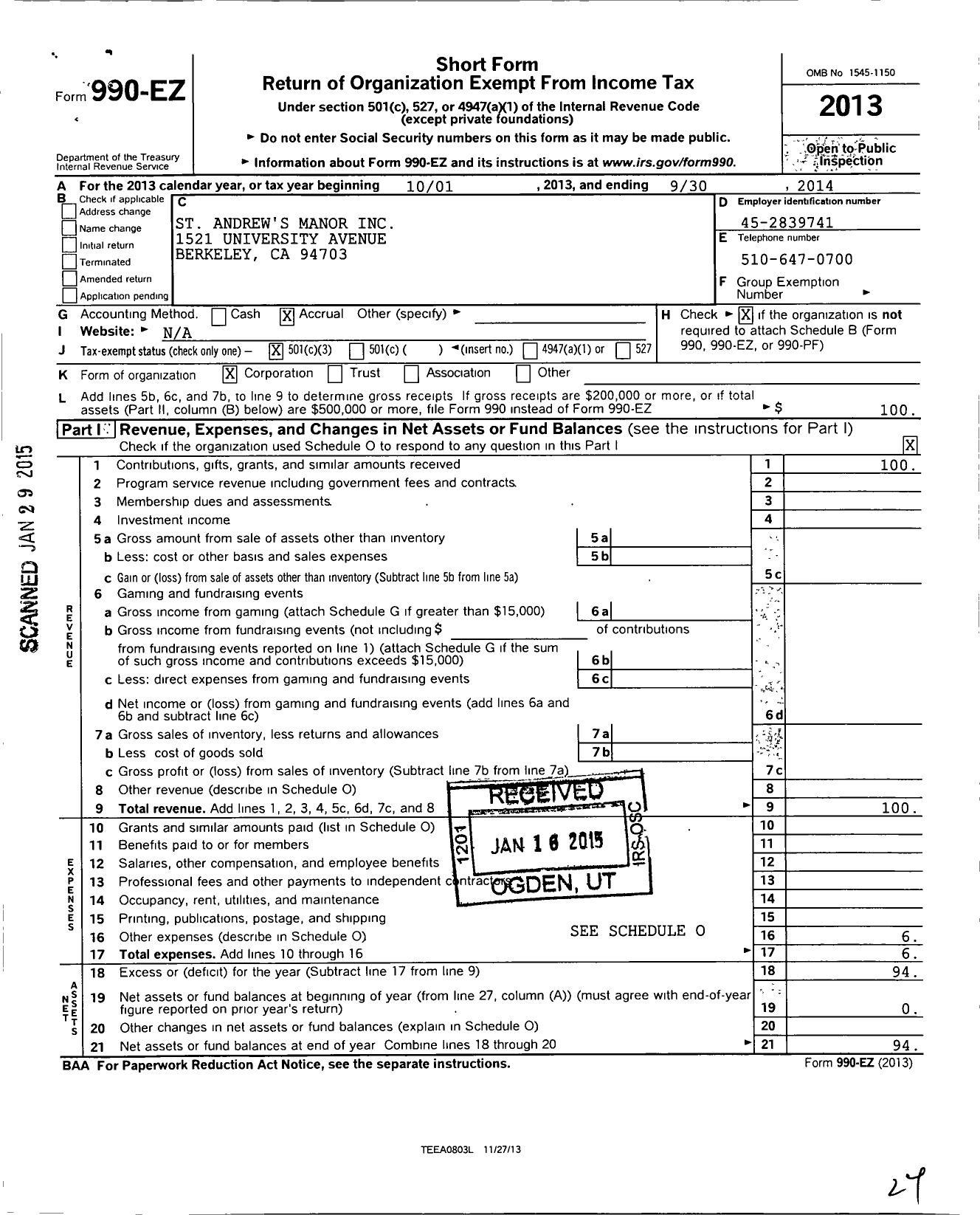 Image of first page of 2013 Form 990EZ for St Andrews Manor