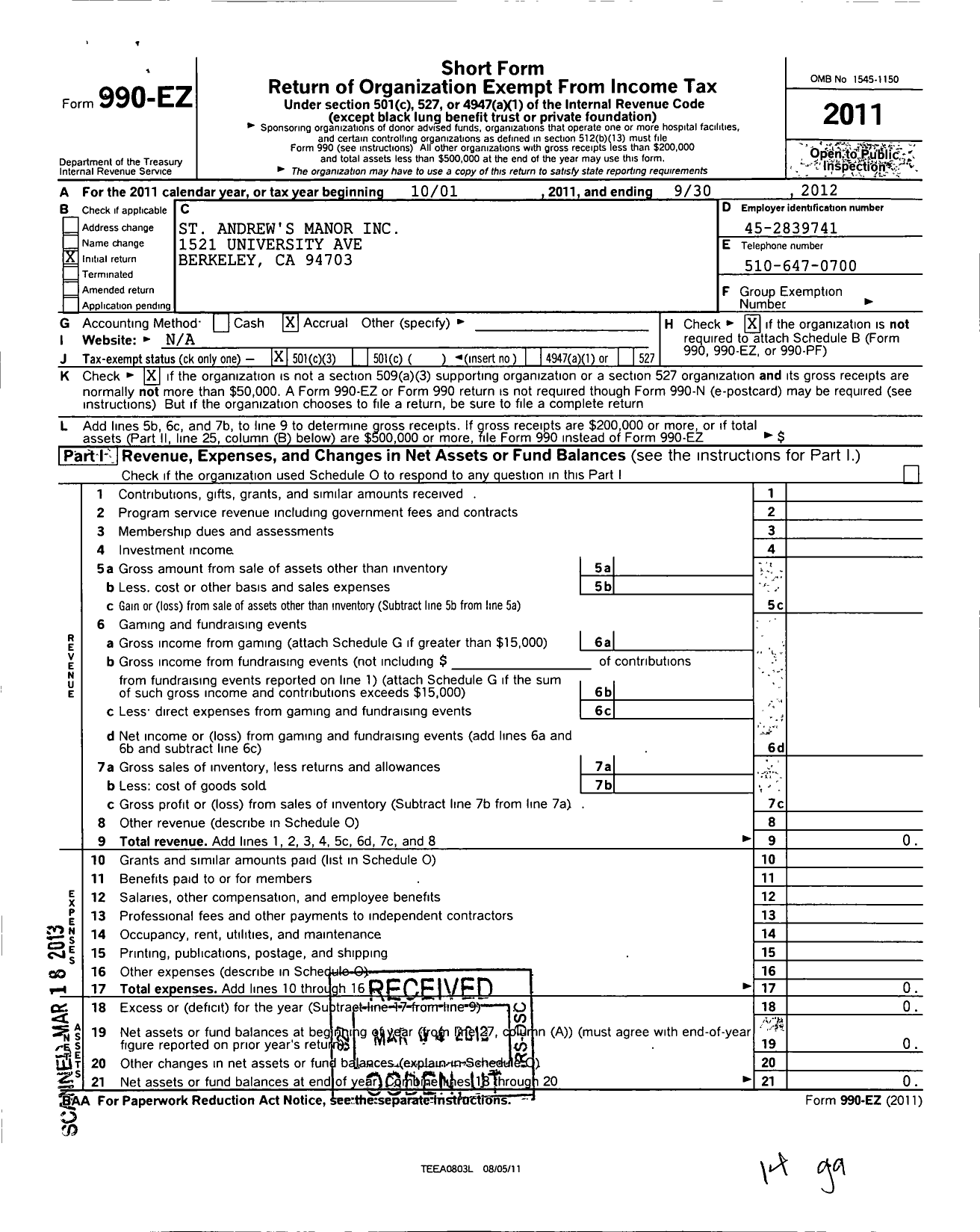 Image of first page of 2011 Form 990EZ for St Andrews Manor