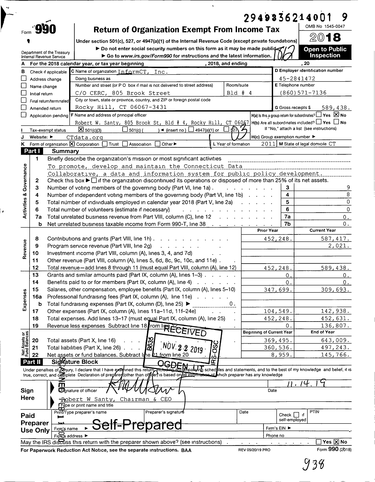 Image of first page of 2018 Form 990 for InformCT