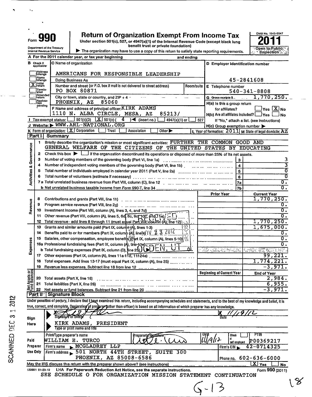 Image of first page of 2011 Form 990O for Americans for Responsible Leadership