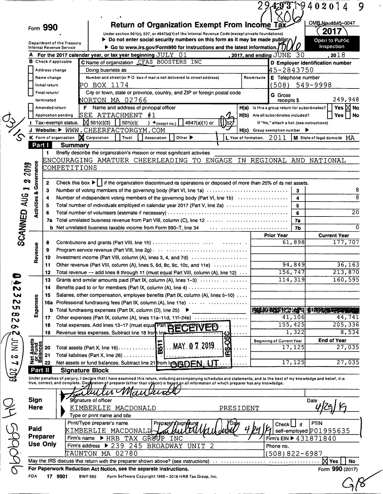 Image of first page of 2017 Form 990 for CFAS Boosters