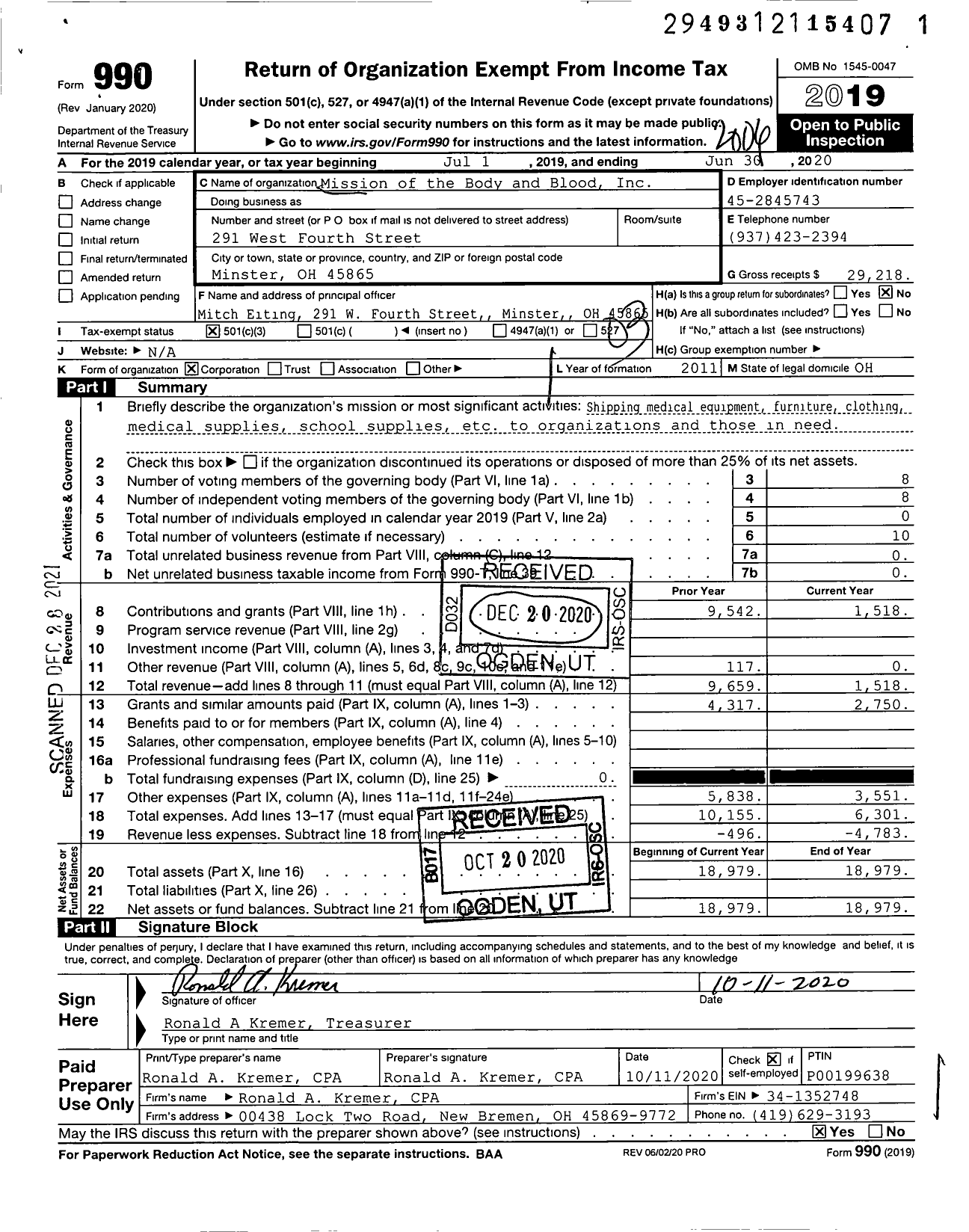 Image of first page of 2019 Form 990 for Mission of the Body and Blood