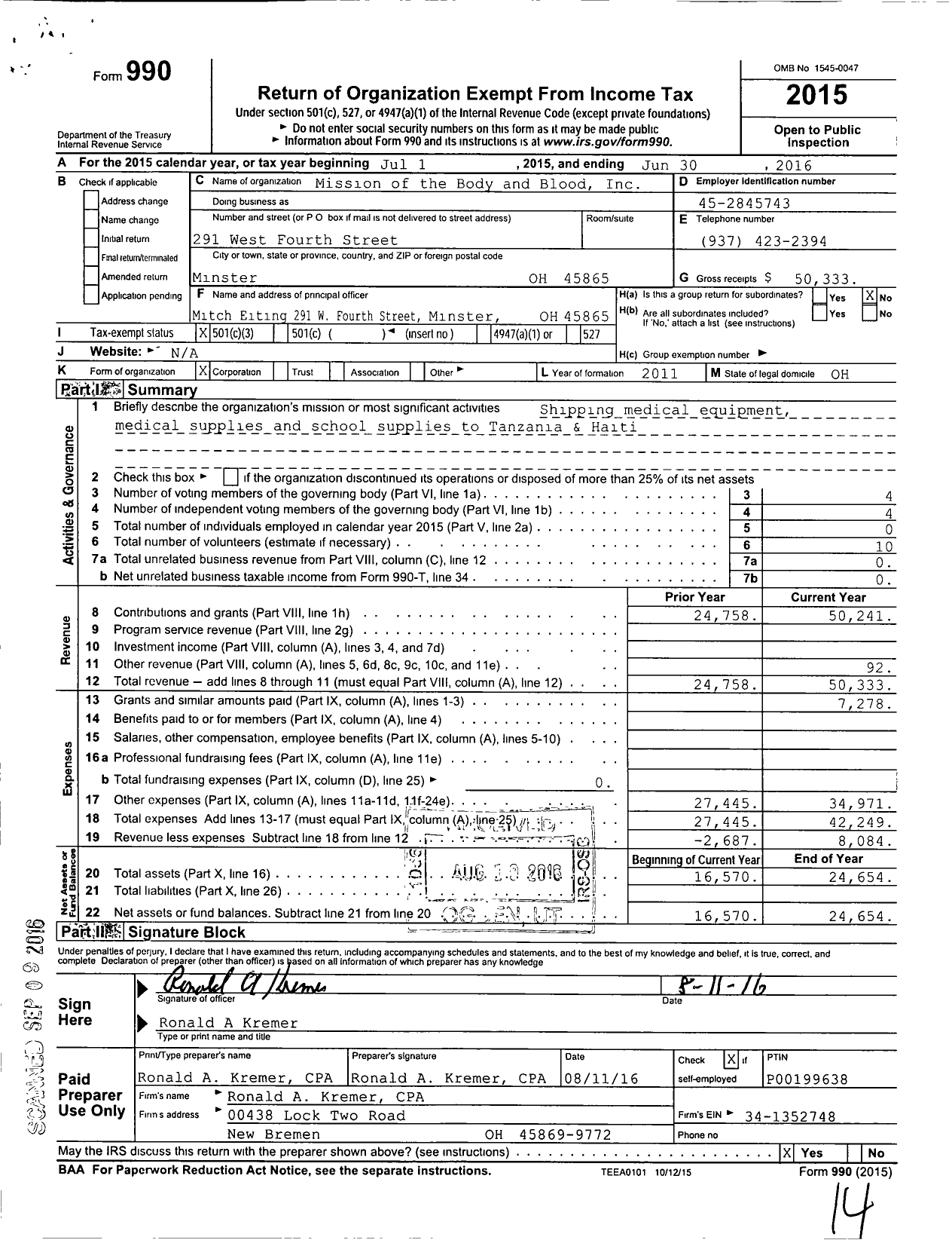 Image of first page of 2015 Form 990 for Mission of the Body and Blood