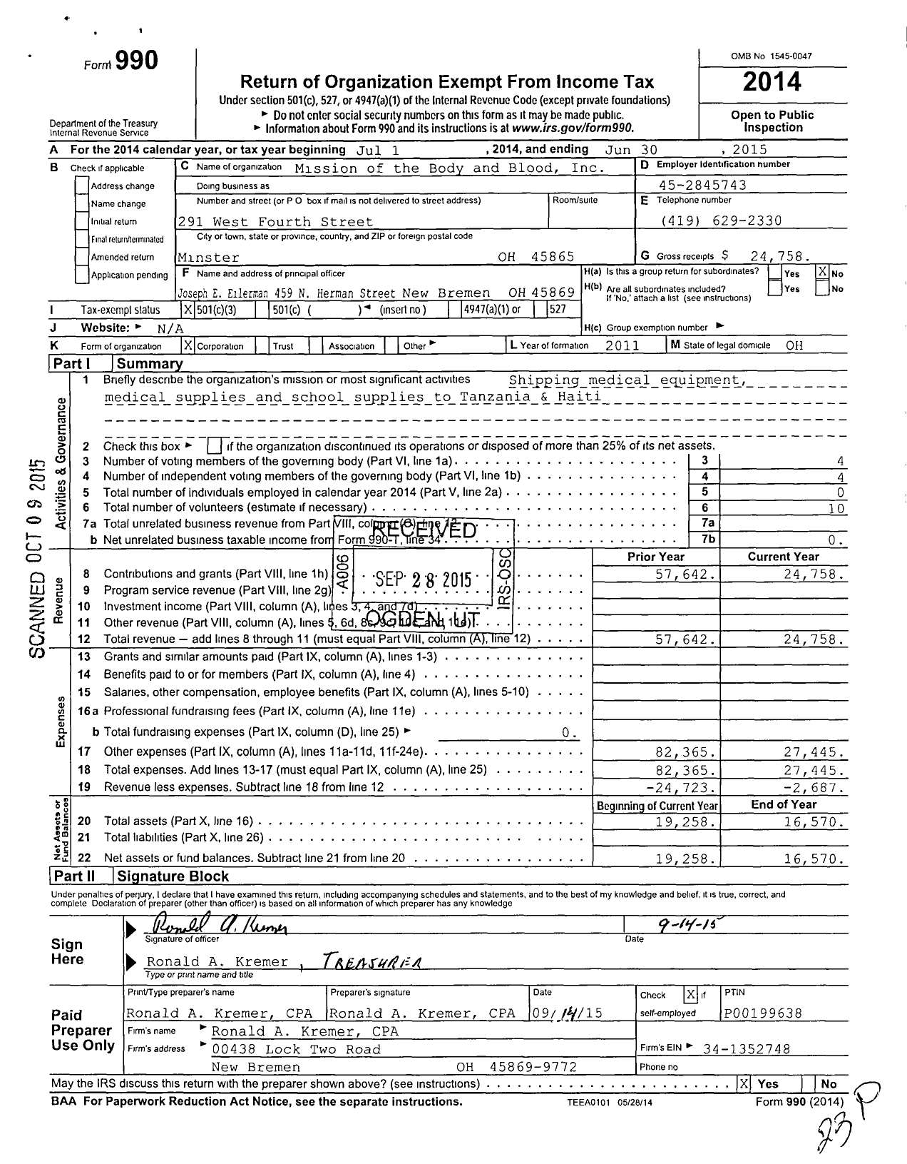 Image of first page of 2014 Form 990 for Mission of the Body and Blood