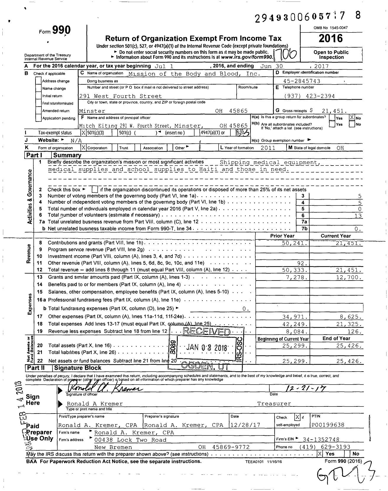 Image of first page of 2016 Form 990 for Mission of the Body and Blood