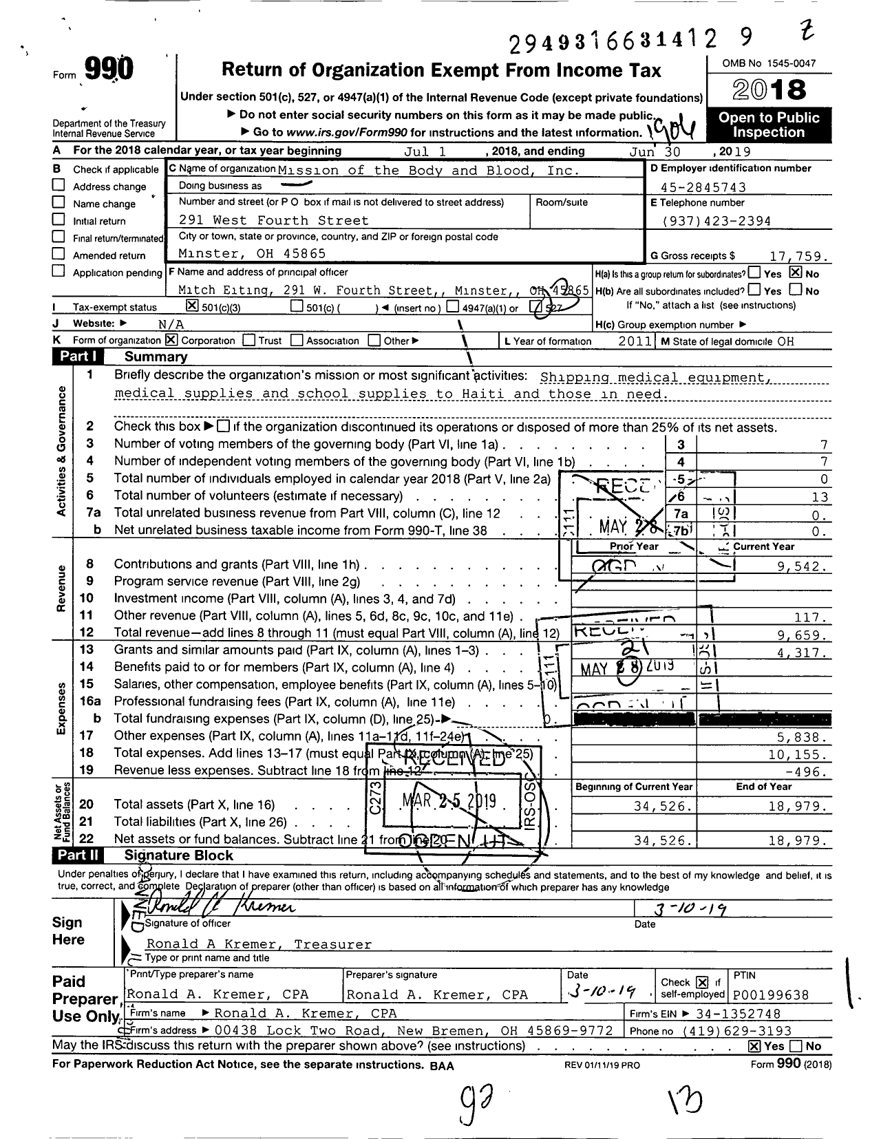 Image of first page of 2018 Form 990 for Mission of the Body and Blood