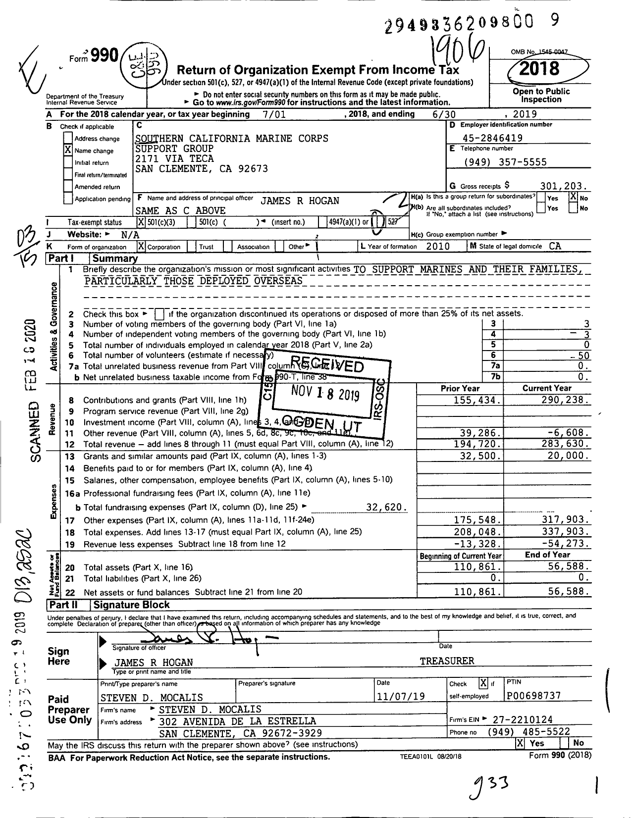 Image of first page of 2018 Form 990 for Southern California Marine Corps Support