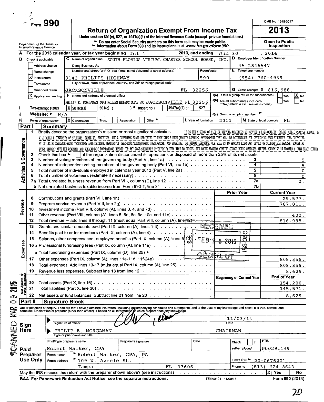 Image of first page of 2013 Form 990 for South Florida Virtual Charter School Board