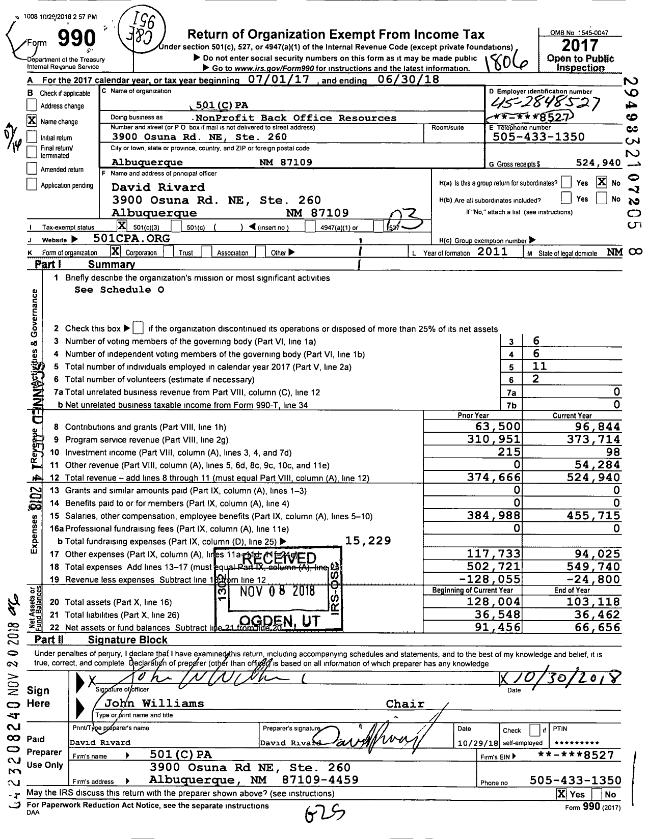 Image of first page of 2017 Form 990 for 501