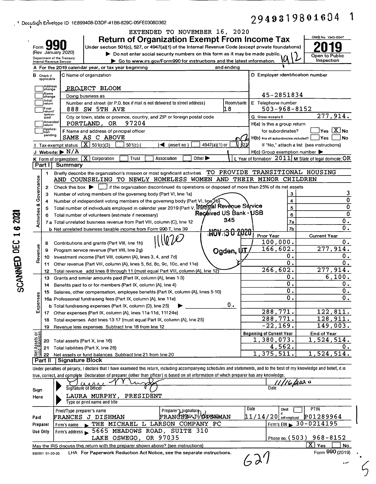 Image of first page of 2019 Form 990 for Project Oasis
