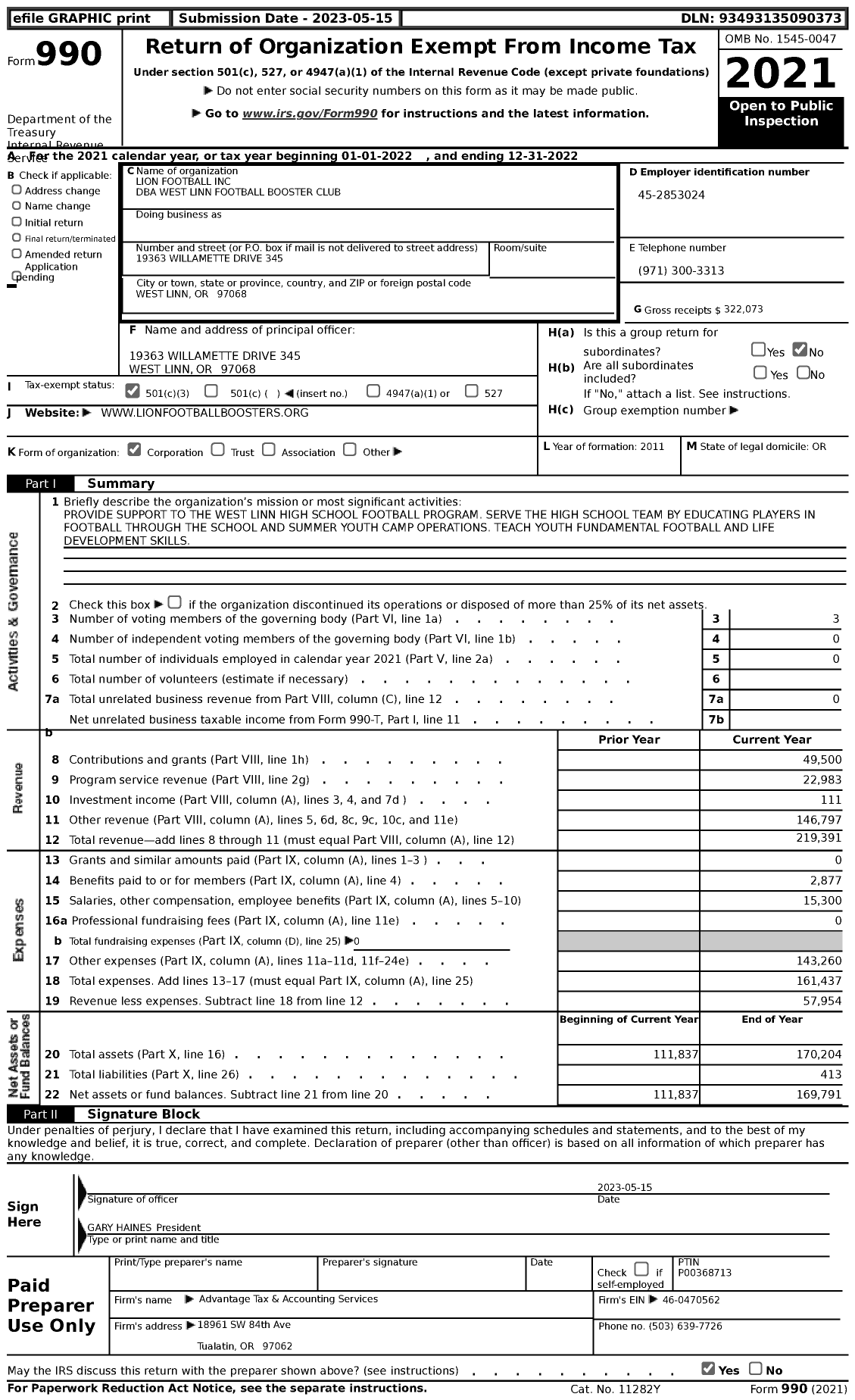 Image of first page of 2022 Form 990 for West Linn Footbal Booster Club